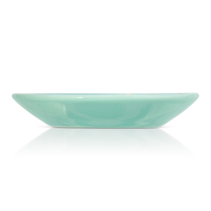 A turquoise bowl is centered on a white background with a reflection.