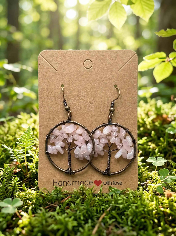 Tree of Life Earrings – Handmade Rose Quartz Boho Dangle Jewelry