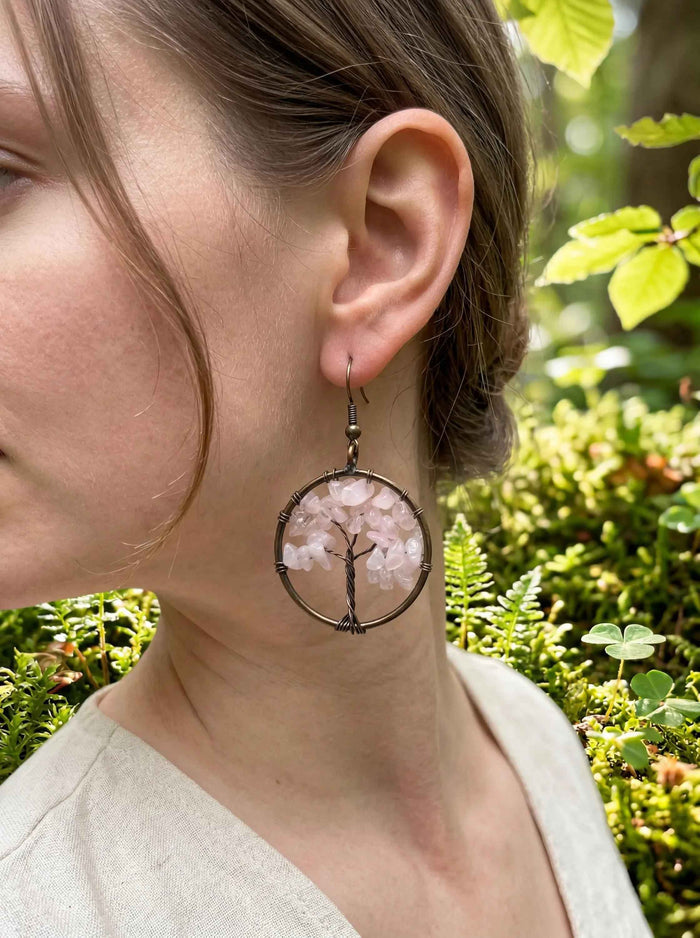 Tree of Life Earrings – Handmade Rose Quartz Boho Dangle Jewelry