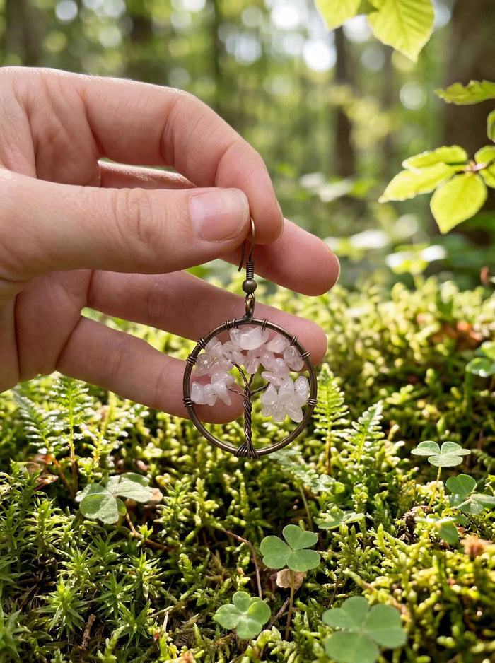 Tree of Life Earrings – Handmade Rose Quartz Boho Dangle Jewelry