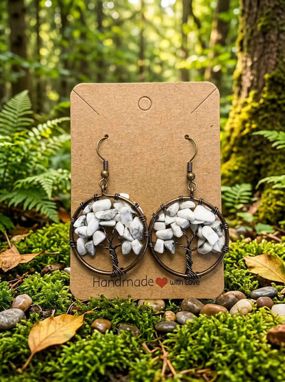 Tree of Life Earrings – Handmade Wire Wrapped Boho Dangles with White Stone