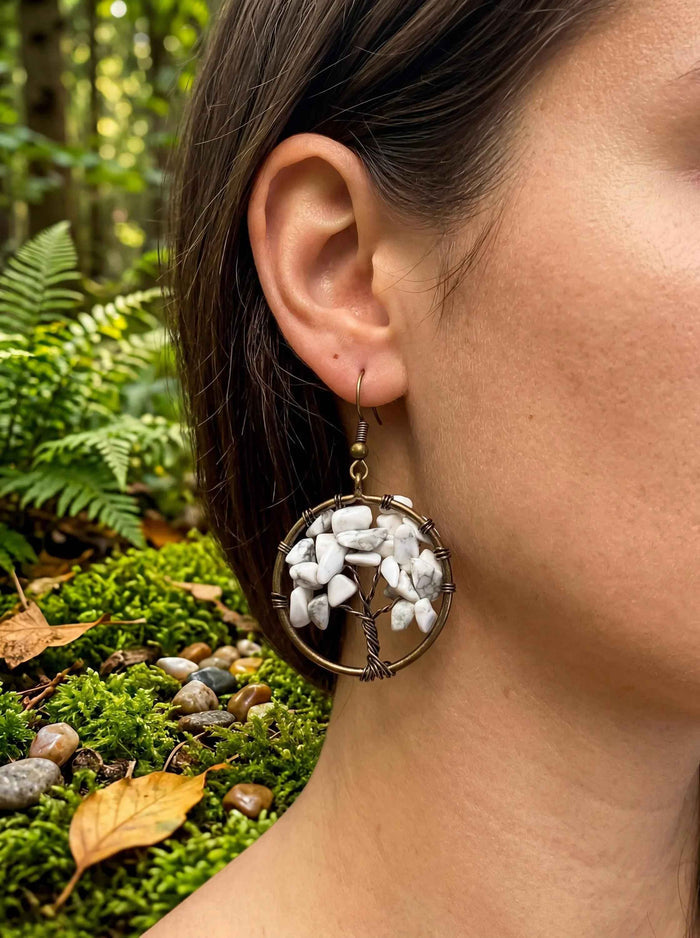 Tree of Life Earrings – Handmade Wire Wrapped Boho Dangles with White Stone