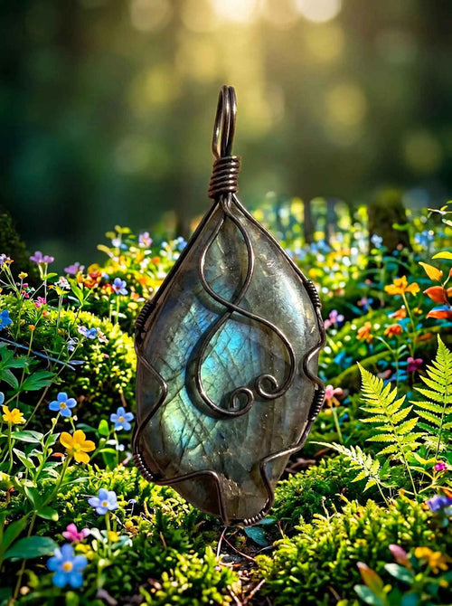 Wire Wrapped Labradorite Pendant: Sylvan Flame Boho Crystal Necklace