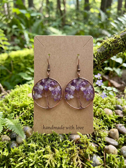 Wire Wrapped Tree of Life Earrings – Amethyst Boho Dangle Earrings