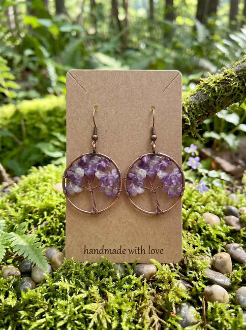 Wire Wrapped Tree of Life Earrings – Amethyst Boho Dangle Earrings