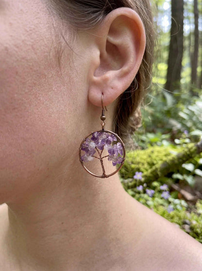 Wire Wrapped Tree of Life Earrings – Amethyst Boho Dangle Earrings