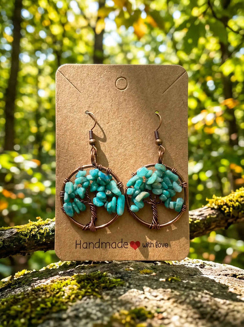 Wire Wrapped Tree of Life Earrings – Turquoise Boho Dangle Earrings – Handmade Gemstone Jewelry Gift for Her