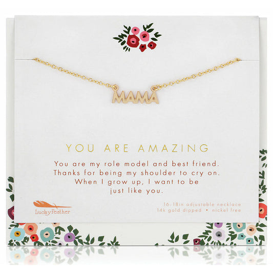 A gold 'Mama' necklace is displayed on a card with floral accents and a message of appreciation.