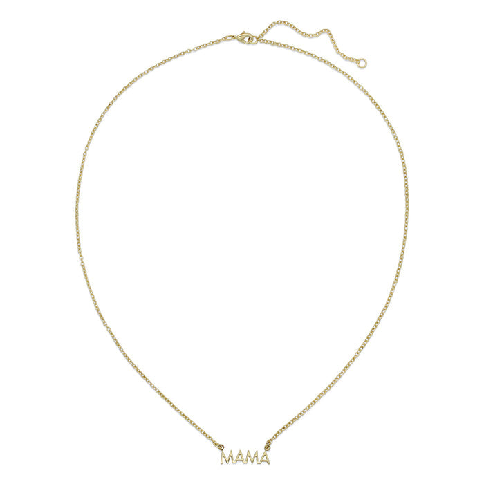 A gold chain necklace with the word 'MAMA' as a pendant.