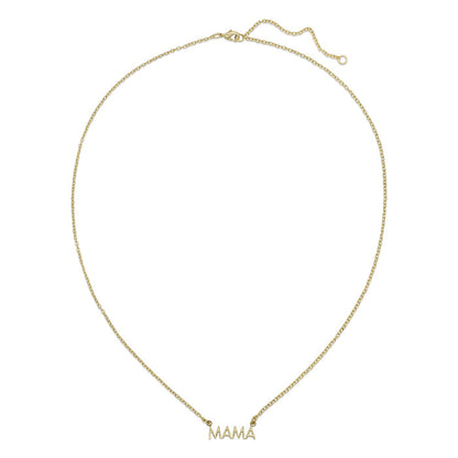 A gold chain necklace with the word 'MAMA' as a pendant.