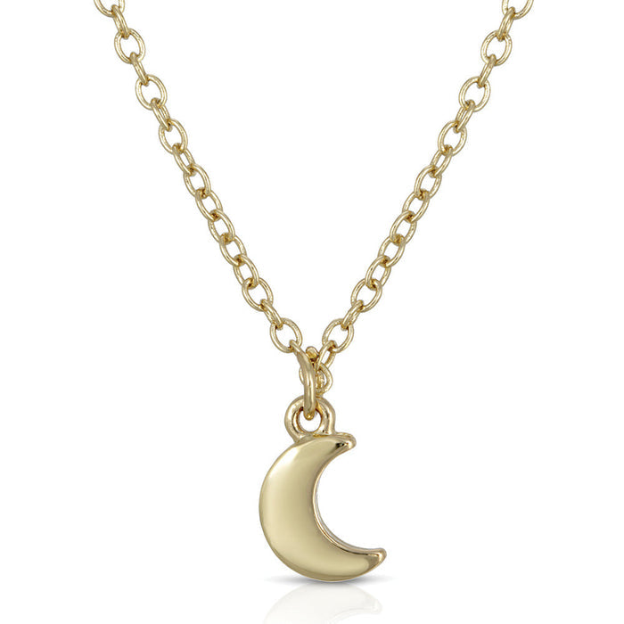 A gold chain necklace with a crescent moon pendant.