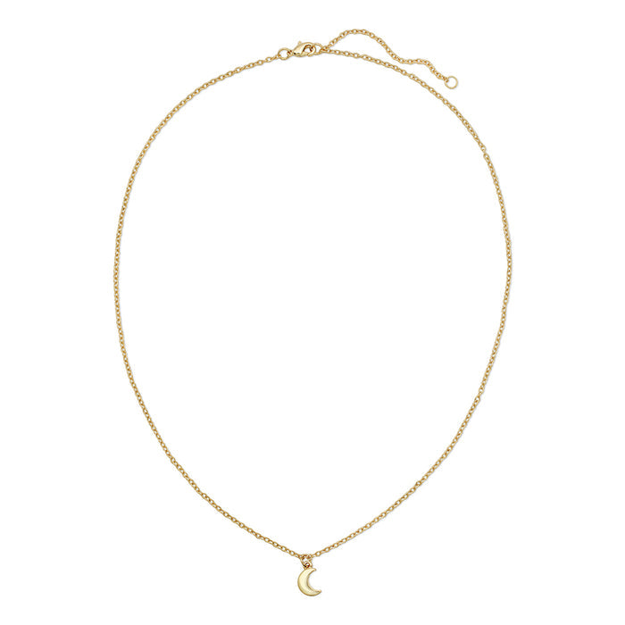 A gold chain necklace with a crescent moon pendant.