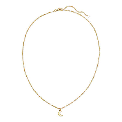A gold chain necklace with a crescent moon pendant.